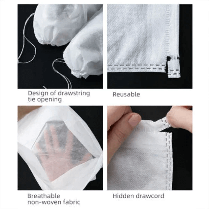 Arenzza reusable drawstring shoe storage bags with breathable fabric and black drawstrings for organizing footwear.
