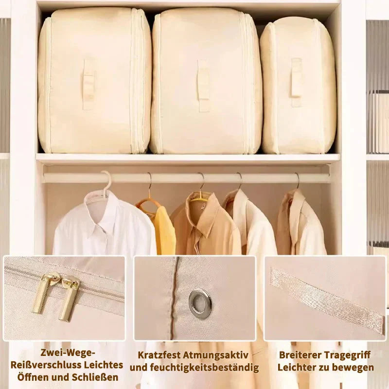 Arenzza Ultra Space Saving Self Compression Organizer showing compact storage solution with multiple compartments and rolled-up clothing.