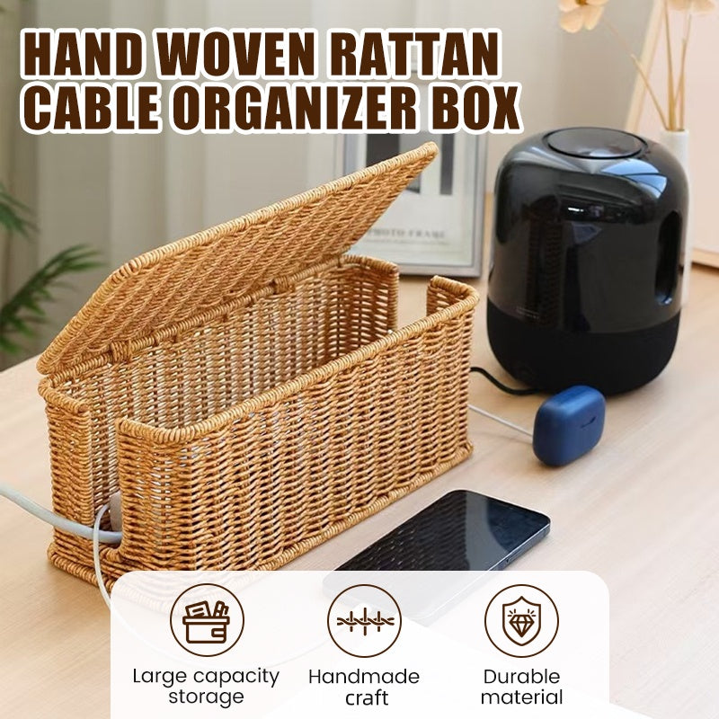 Arenzza hand-woven rattan cable organizer box with lid for storage and organization of cables and small items.
