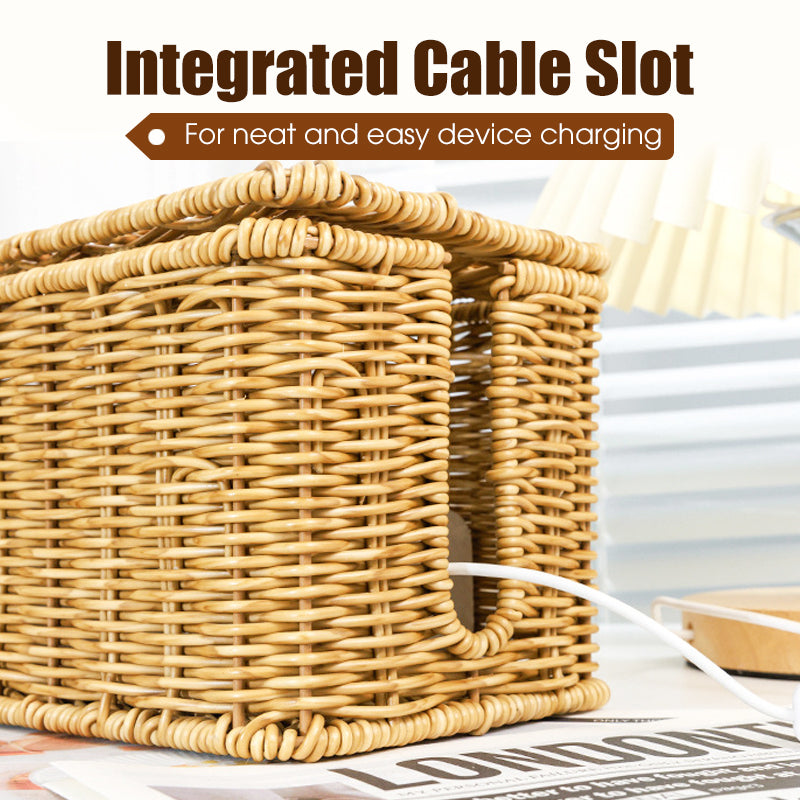Hand woven rattan cable organizer box with lid from Arenzza, designed for neat storage of cables and small accessories.