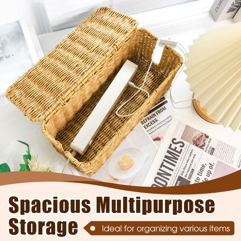 Aarenza hand-woven rattan cable organizer box with lid for storage and organization of cables and small items.