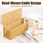 Hand-woven rattan cable organizer box with lid, Arenzza storage and organizer container for decluttering cables and small items