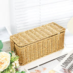 Hand woven rattan cable organizer box with lid, storage and organization by Arenzza, showcasing a natural, stylish design for clutter storage.
