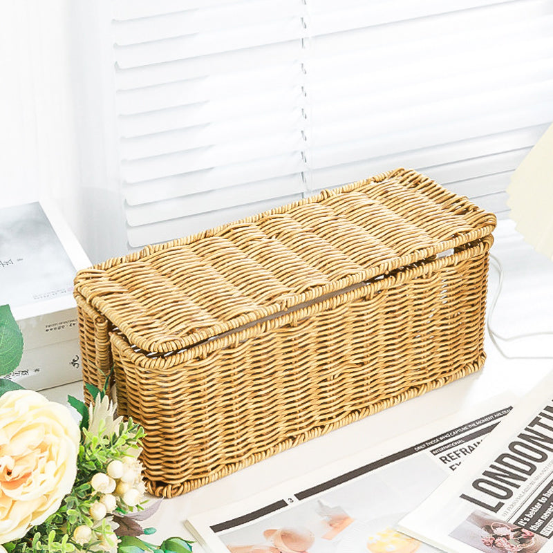 Hand woven rattan cable organizer box with lid, storage and organization by Arenzza, showcasing a natural, stylish design for clutter storage.