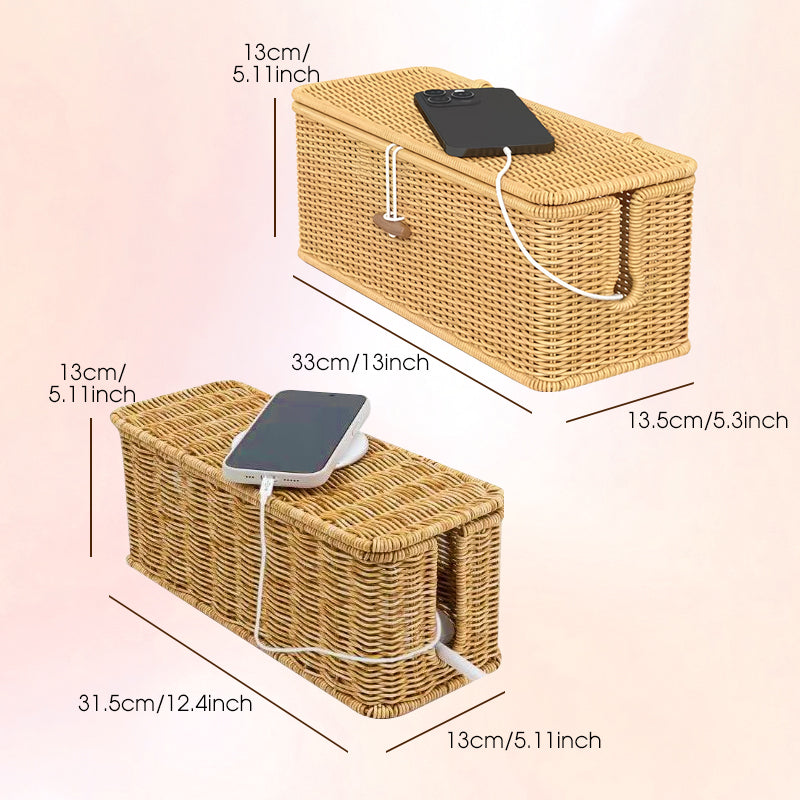 Hand woven rattan cable organizer box with lid from Arenzza, designed for stylish storage and cable management.