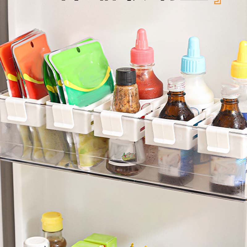 Arenzza adjustable fridge organizer divider with multiple compartments for customizable storage in a kitchen refrigerator.