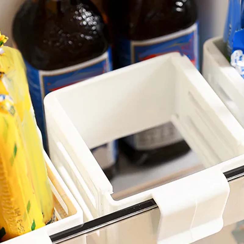 Adjustable fridge organizer divider by Arenzza, plastic storage shelf for organizing refrigerator compartments.