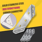 Arenzza universal stainless steel furniture corner connector with screw holes for secure assembly, shown close-up.
