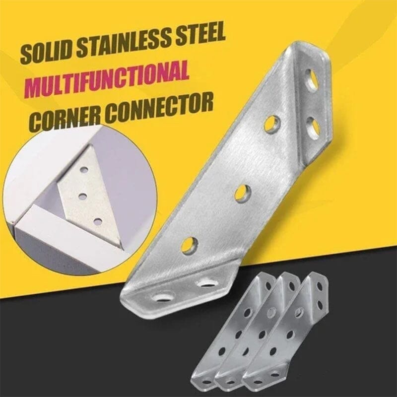 Arenzza universal stainless steel furniture corner connector with screw holes for secure assembly, shown close-up.