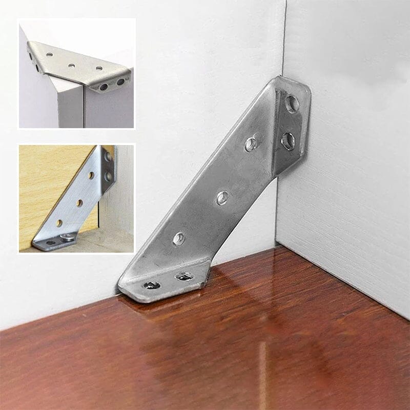 Arenzza universal stainless steel furniture corner connector with screws, used for strengthening and joining furniture corners.
