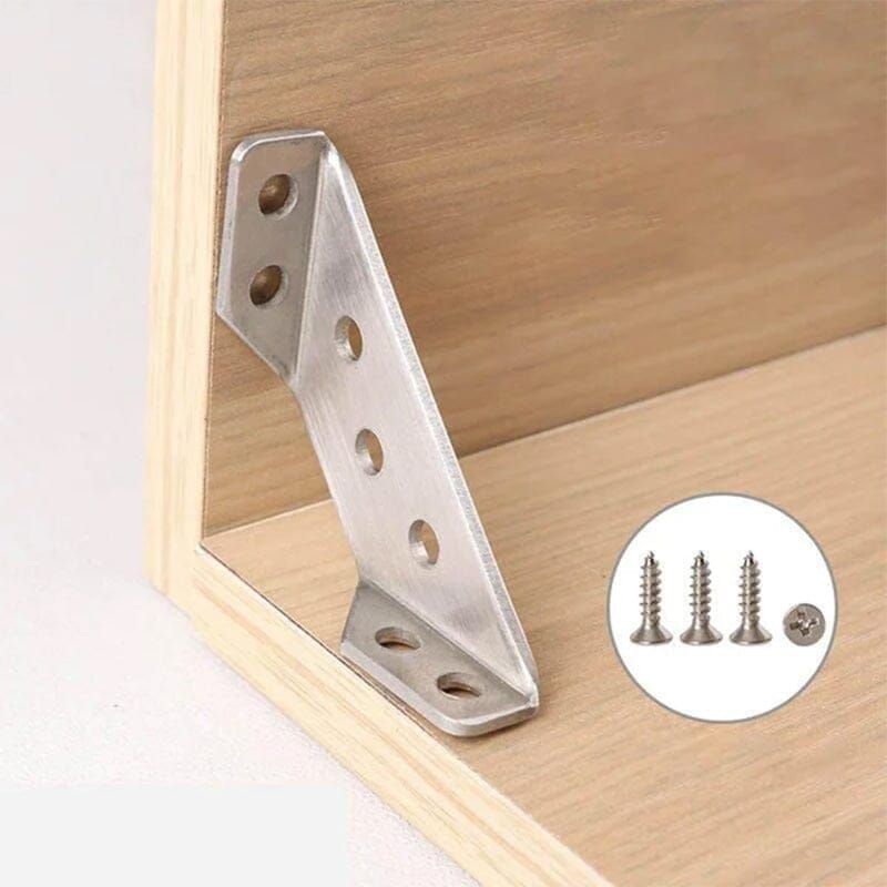 Arenzza universal stainless steel furniture corner connector with multiple holes for secure joint assembly, shown close-up.