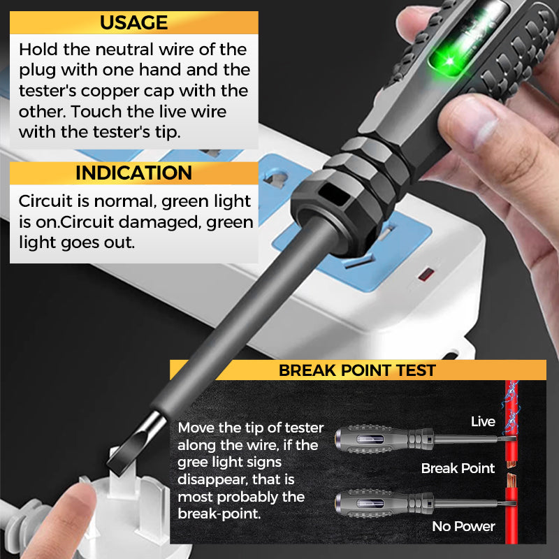 Arenzza 2-in-1 high torque magnetic screwdriver with electricity detector, shown with metal screwdriver and electronic testing features.