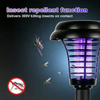 Arenzza solar mosquito zapper light mounted on a garden stake, UV insect killer and outdoor pathway lamp in a garden setting.