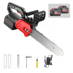 Arenzza cordless high-power lithium battery chainsaw with a sleek design, displayed with a gift toolkit for tools and garden use.