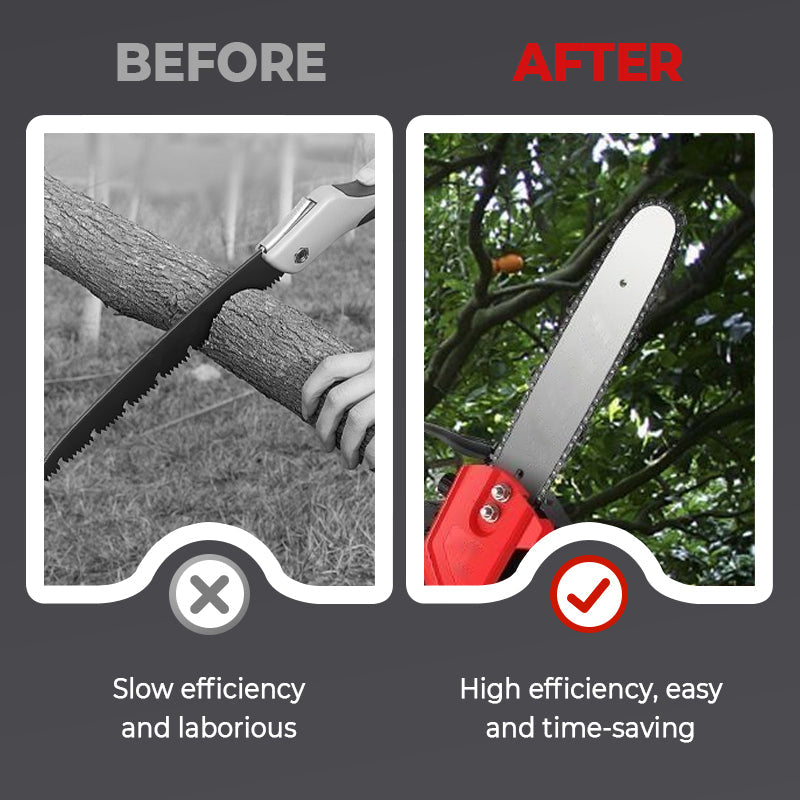 Arenzza cordless lithium battery chainsaw with a black handle, silver blade, and included tool kit for gardening and cutting tasks.