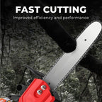 Arenzza cordless high-power lithium battery chainsaw with a black and orange handle, displayed outdoors with a garden background.