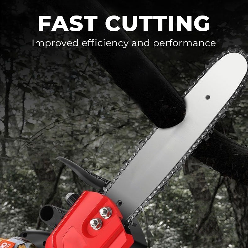 Arenzza cordless high-power lithium battery chainsaw with a black and orange handle, displayed outdoors with a garden background.