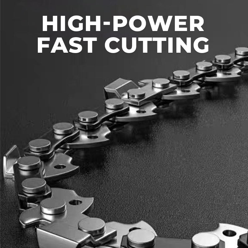 Arenzza cordless high-power lithium battery chainsaw with a black handle and silver blade, ready for garden cutting tasks.