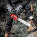 Arenzza cordless high-power lithium battery chainsaw with a black and orange design, shown with a gift toolkit in the image.