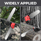 Arenzza cordless high-power lithium battery chainsaw with a cutting blade, shown in a garden setting with a gift toolkit nearby.