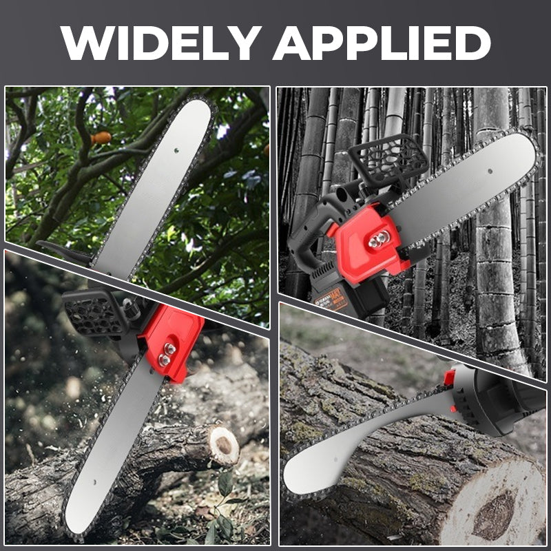 Arenzza cordless high-power lithium battery chainsaw with a cutting blade, shown in a garden setting with a gift toolkit nearby.
