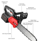 Arenzza cordless high-power lithium battery chainsaw with a sharp blade, shown with a tool kit for gardening and cutting tasks.