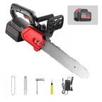 Arenzza cordless high-power lithium battery chainsaw with a black and orange design, shown with a gift toolkit in a garden setting.