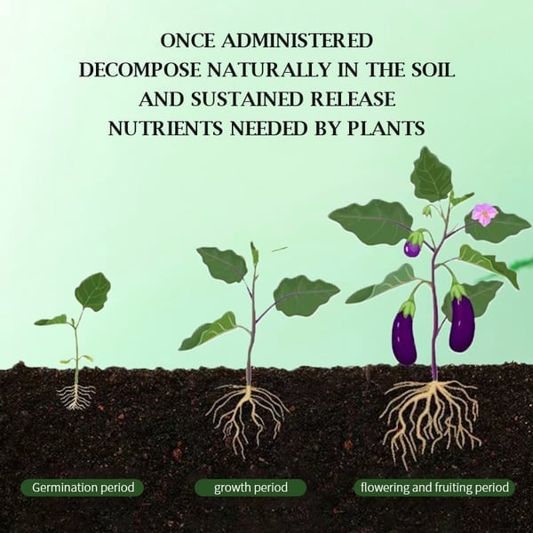 Arenzza organic slow-release fertilizer tablets for home gardening, shown in a garden setting with tablets in a container.