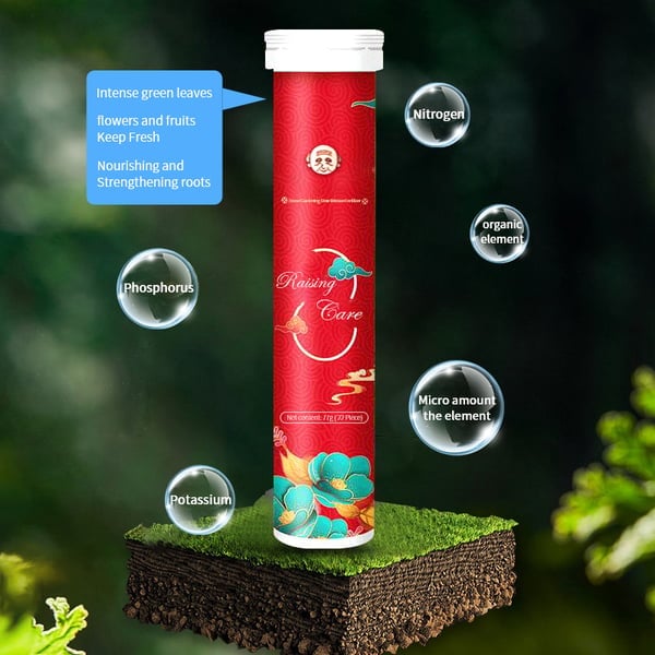 Arenzza organic slow-release fertilizer tablets for home gardening, shown in a container with tablets ready for use.