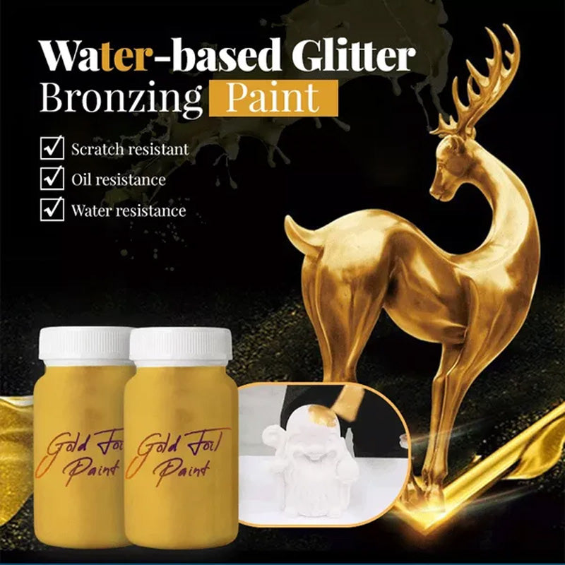 Arenzza water-based glitter bronzing paint in a container, showcasing sparkling bronze color for tools and garden projects.