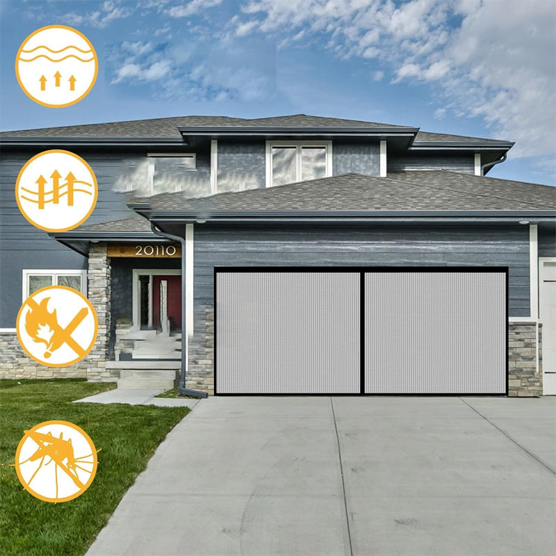 Arenzza 2-Pack Bug-Proof Garage Door Screen showing mesh panels installed on a garage door for insect prevention.
