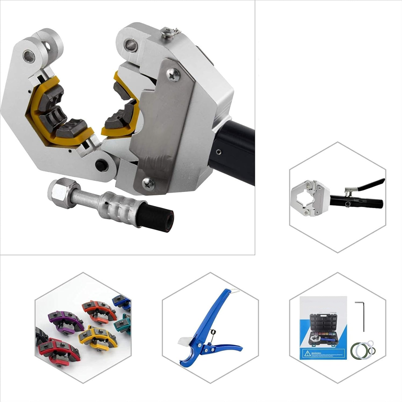 Arenzza portable hydraulic hose crimper kit with handles and hydraulic components for tools and garden hose crimping.