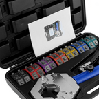 Arenzza portable hydraulic hose crimper kit with handle and crimping dies for tools and garden hose fitting applications.