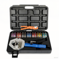 Arenzza portable hydraulic hose crimper kit with ergonomic handles and multiple die sizes for efficient hose fitting compression.