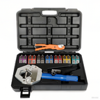 Arenzza portable hydraulic hose crimper kit with ergonomic handles and multiple die sizes for efficient hose fitting compression.