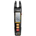 Arenzza U-Type Clamp Meter with LED lights, digital multimeter for electrical testing, showing display and clamp jaws in use.