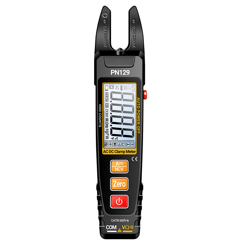 Arenzza U-Type Clamp Meter with LED lights, digital multimeter for electrical testing, showing display and clamp jaws in use.