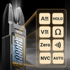 Arenzza U-Type Clamp Meter with LED lights, a handheld electrical testing tool in black and yellow with display and clamp jaw.