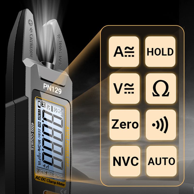 Arenzza U-Type Clamp Meter with LED lights, a handheld electrical testing tool in black and yellow with display and clamp jaw.