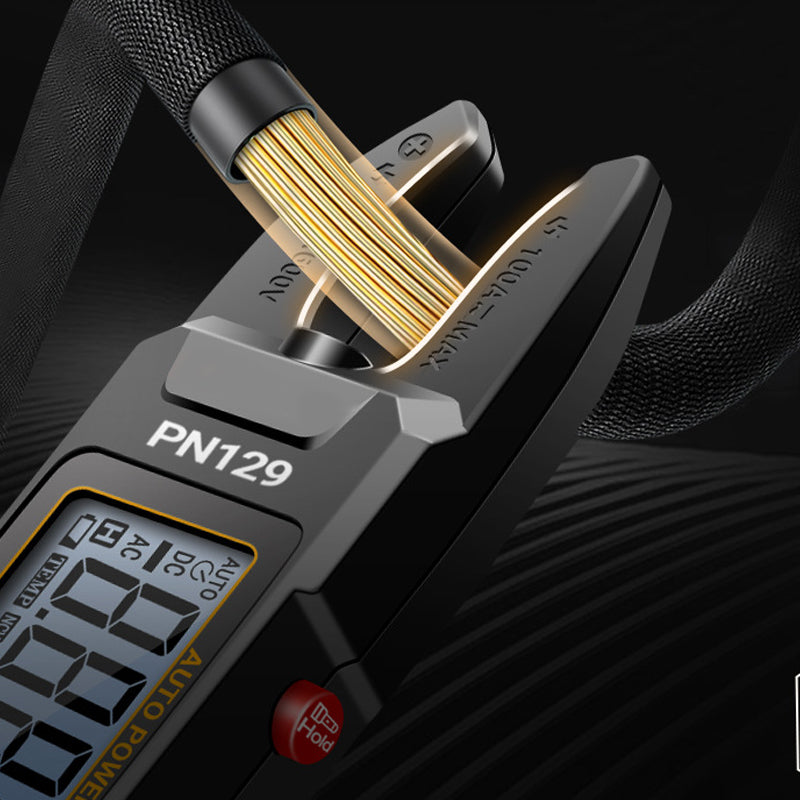 Arenzza U-Type Clamp Meter with LED lights for electrical testing, featuring a compact design and digital display.