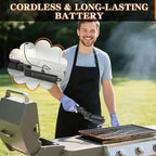 Arenzza cordless electric BBQ brush cleaner with long handle, demonstrating deep cleaning features for grilling tools and surfaces.