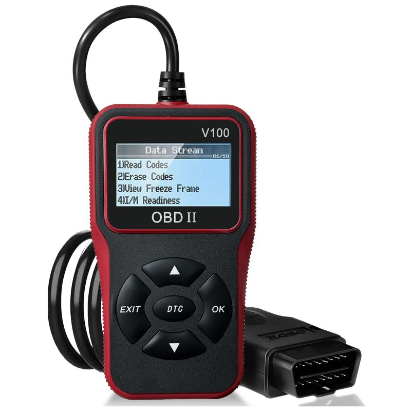 Arenzza multi-function engine fault code reader tool for cars, showing a digital screen with diagnostic data on a workbench.