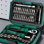 Arenzza portable 40-piece screwdriver set with various screwdrivers and bits laid out on a white surface.