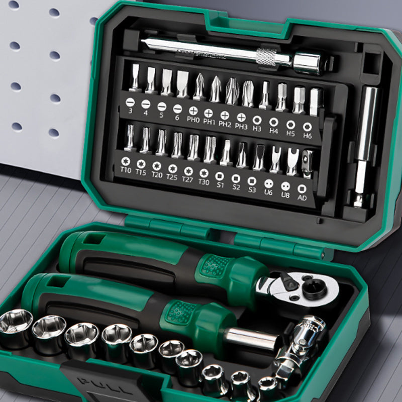 Arenzza portable 40-piece screwdriver set with various screwdrivers and bits laid out on a white surface.