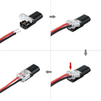 Arenzza double-wire plug-in connector with locking buckle, tool for secure electrical wiring connections in tools and garden applications.