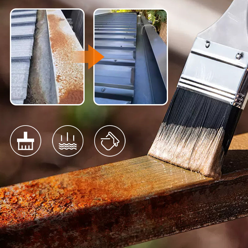 Gray waterproof and UV-resistant anti-rust paint with brush from Arenzza, suitable for tools and garden surfaces.