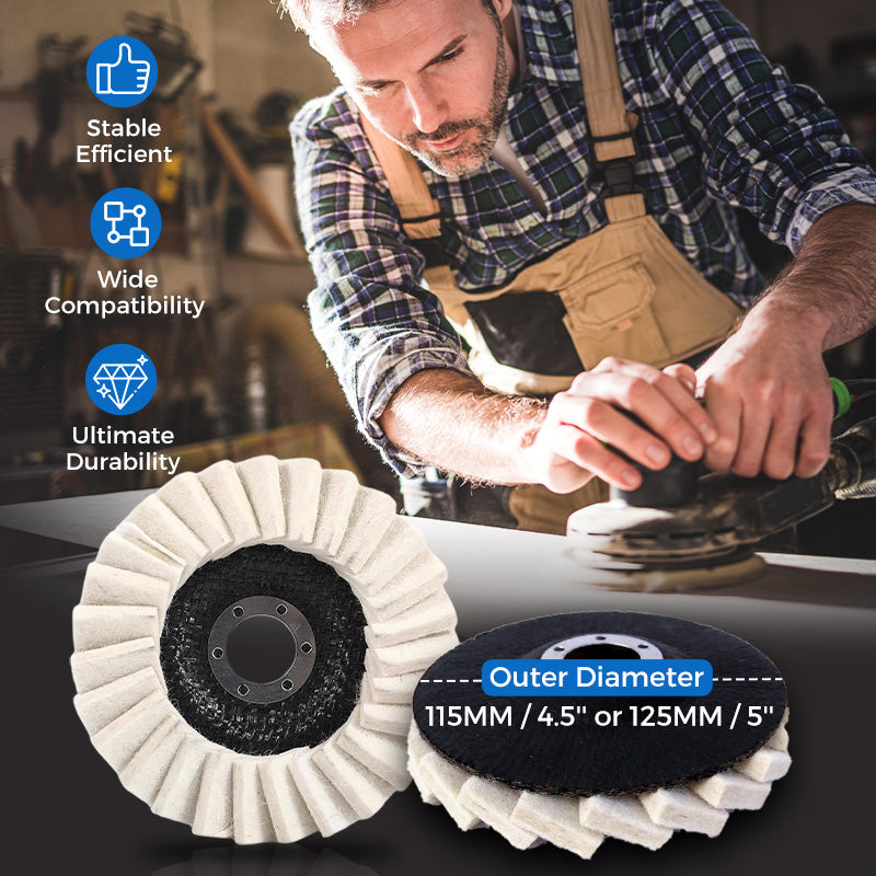 Arenzza wool felt flap polishing disc for tools and garden use, showing a close-up of the high-performance, fine polishing surface.