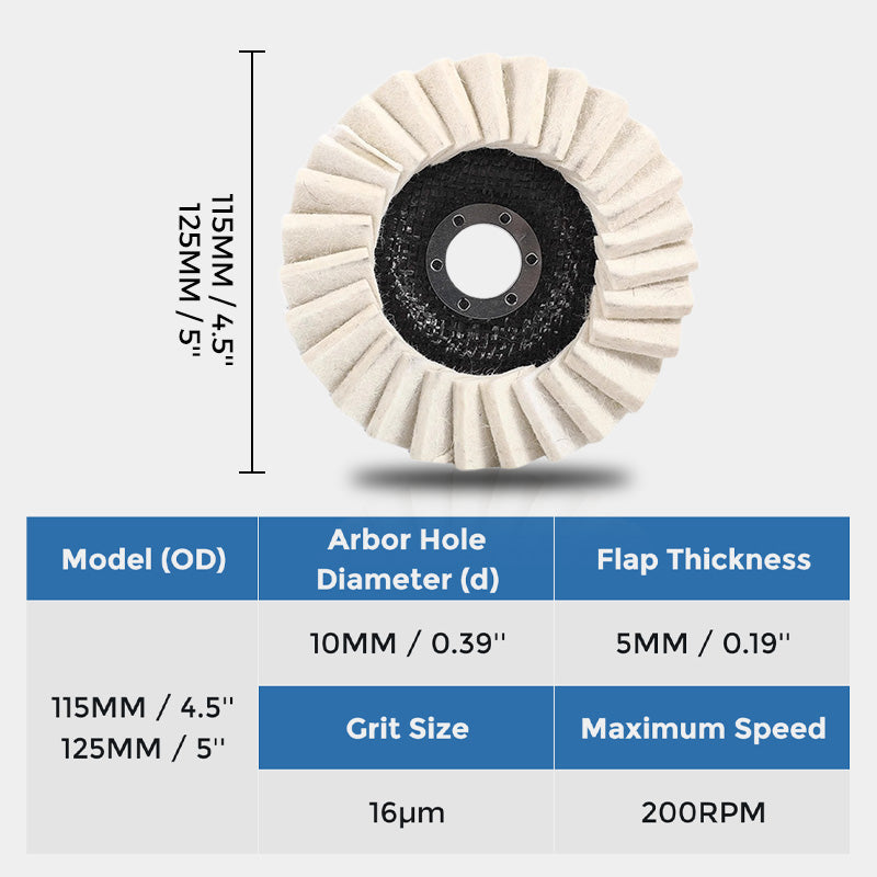 Arenzza wool felt flap polishing disc for high-performance, fine polishing, long-lasting use in tools and garden applications.