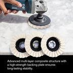 Arenzza wool felt flap polishing disc for high-performance fine polishing, shown with a close-up of the disc's surface.
