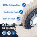 Arenzza wool felt flap polishing disc for high-performance fine polishing, shown in use with a power tool in a workshop setting